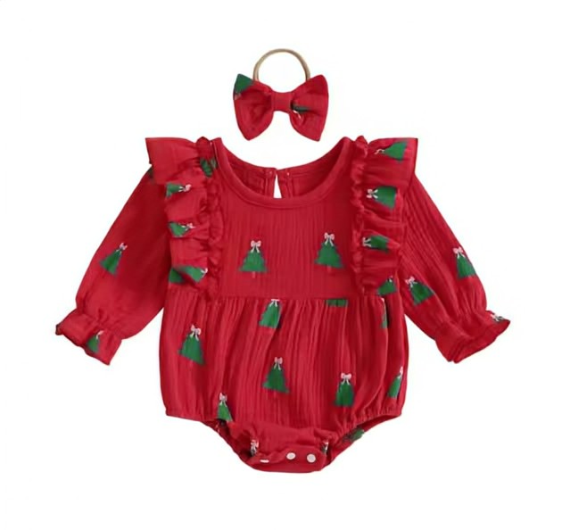 Girl's Christmas Tree Ruffle Romper with Bow Headband