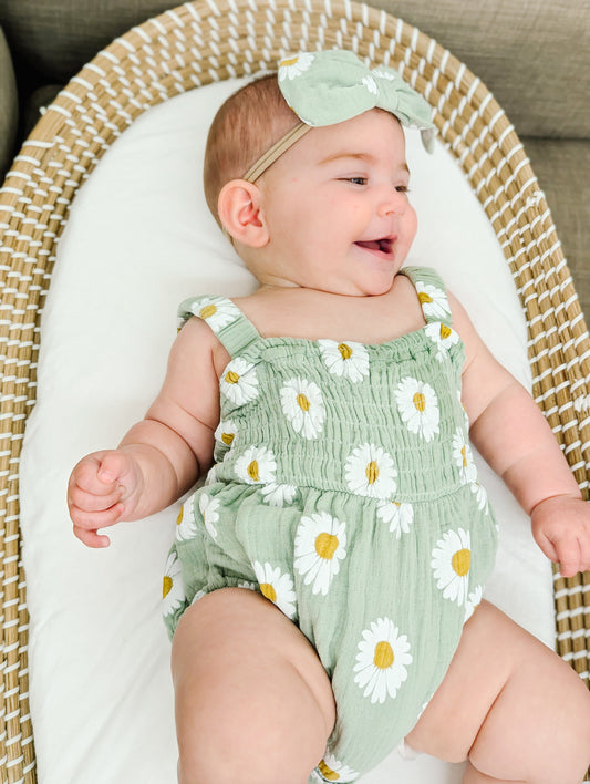 Green Daisies Smocked Romper & Bow
