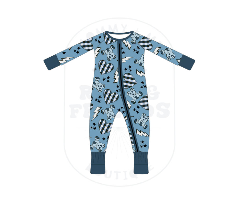 Beary Blue Zipper Bamboo Romper Footie